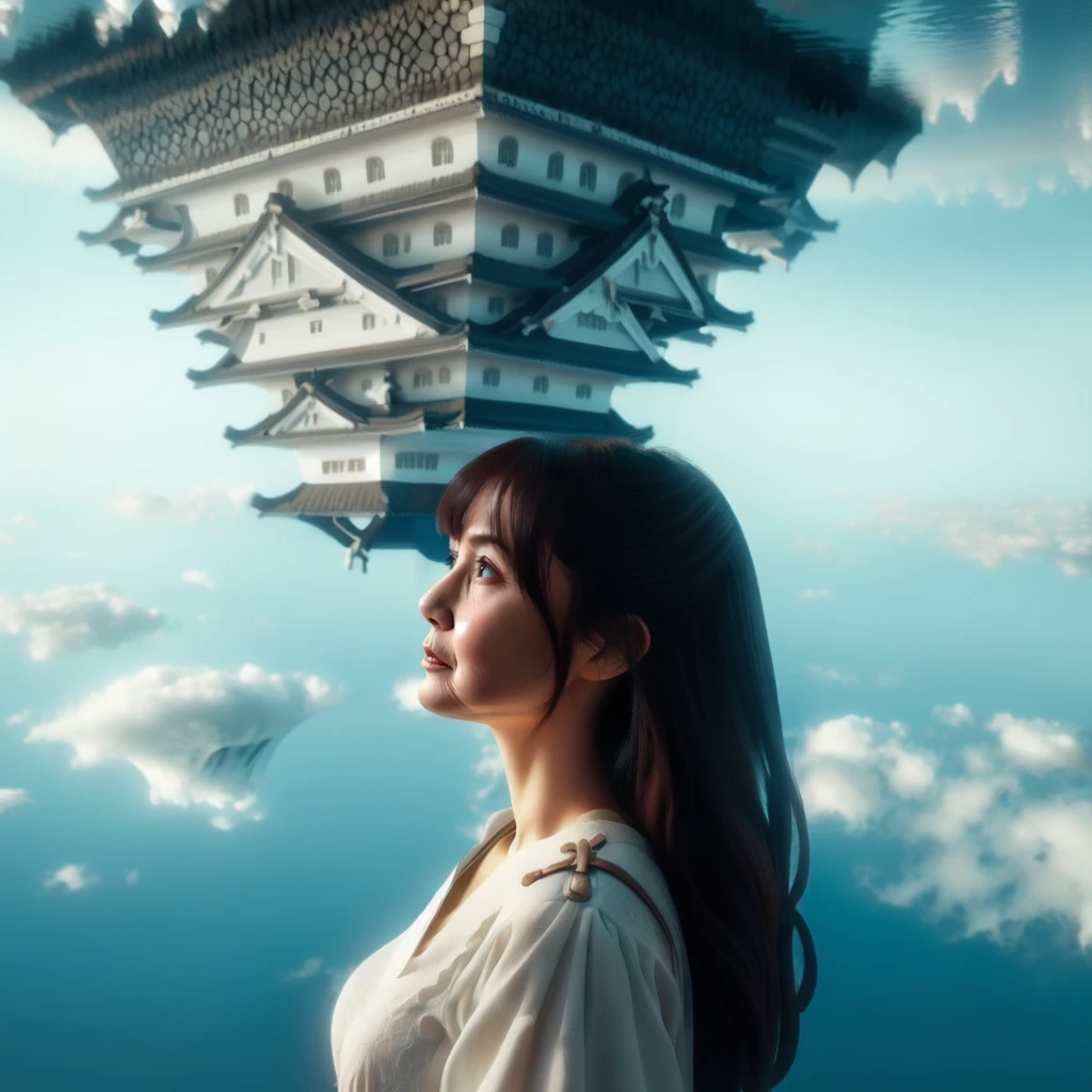 blue sky, architecture, east asian architecture, castle, floating island, airship, pagoda, above clouds, UDCS, realistic, 1girl, solo, long hair, breasts, bangs, brown hair, black hair, long sleeves, old woman, <lora:Upside_Down_Castle_of_Binary_Planet_v1:0.8>