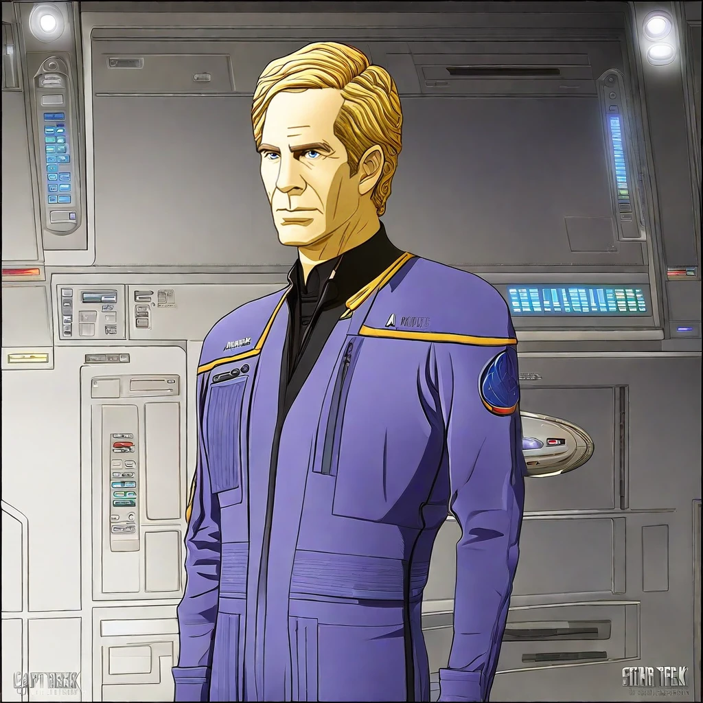 breathtaking <lora:captain_archer_10_x114:1.25> captain_archer, man, (star trek enterprise uniform purple overalls:1.3) , (star trek enterprise:1.5), ((enterprise NX1 bridge:1.1)),( captain jhonatan archer:1.3), blonde . award-winning, professional, highly detailed