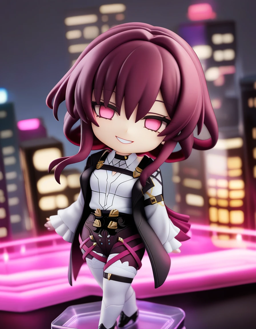 nendoroid figure of 1girl, kafka \(honkai: star rail\), chibi, midnight, city, neon, looking at viewr, head tilt, smirk, masterpiece, best quality, newest, late, rating:general