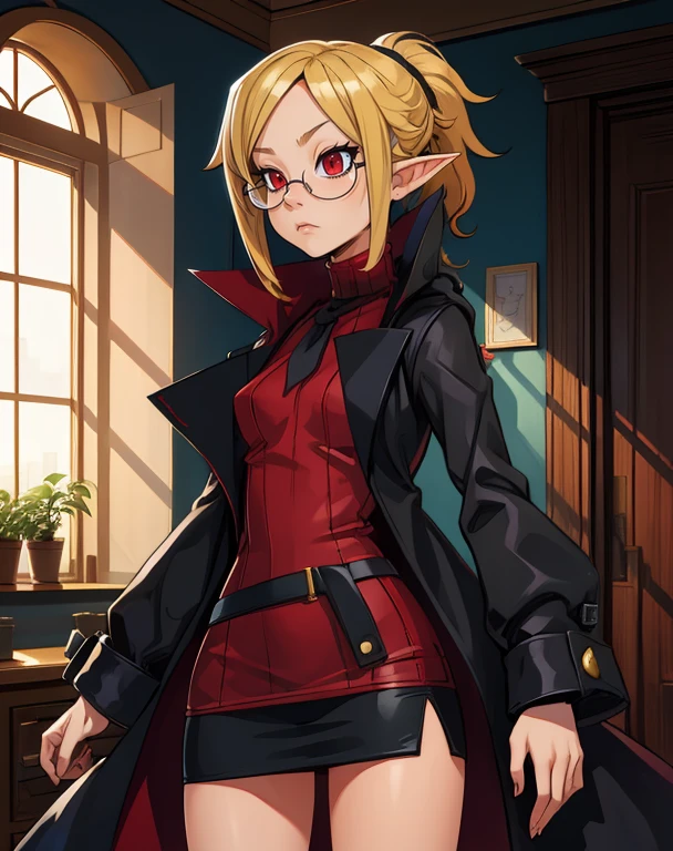 Professor,pointy ears,red eyes,short blonde hair,ponytail,cold expression,
red ribbed turtleneck,dress miniskirt,glasses,small black tie,black coat,long sleeves,
standing,upper body,
lab,indoors,
(insanely detailed, masterpiece, best quality,beautiful detailed eyes),solo,<lora:Professor:0.8>,
