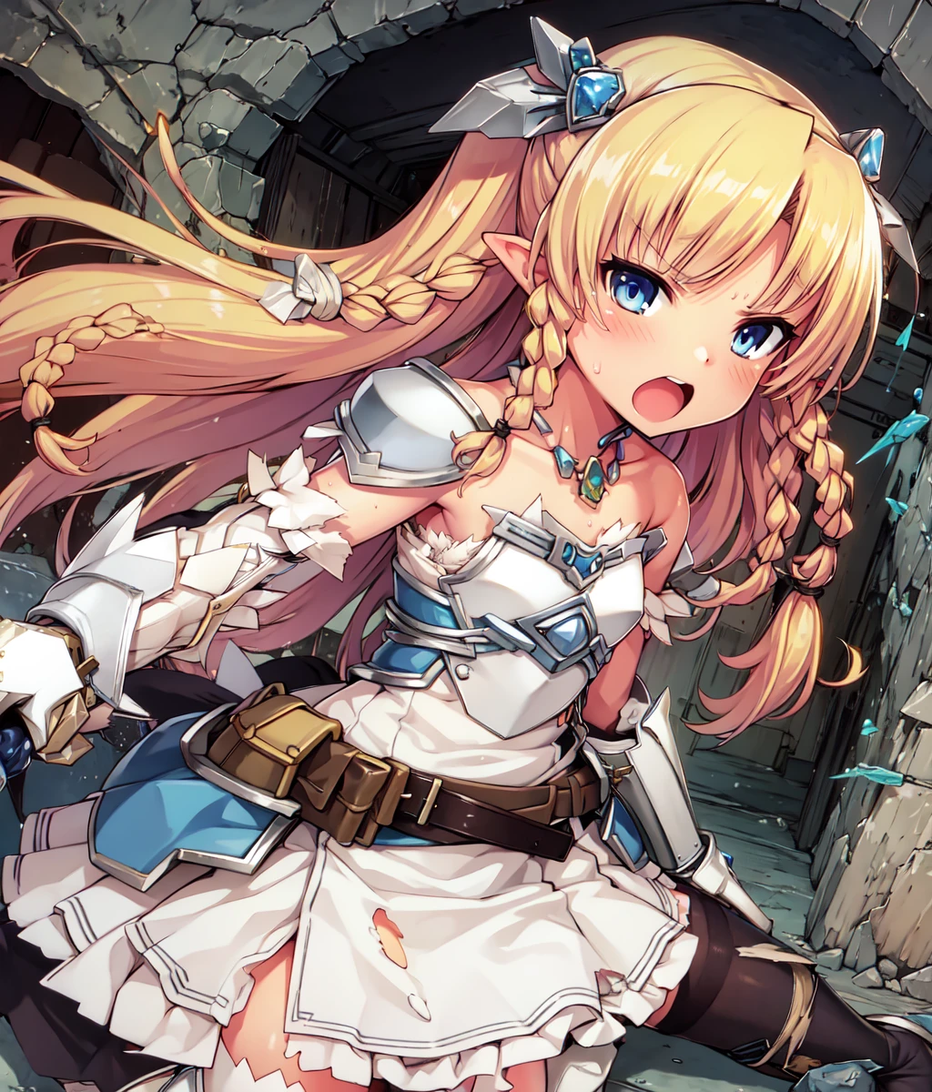 masterpiece, high res, detailed face, detailed eyes, 1girl, solo, blonde, pointed ears, long hair, small braids, blue eyes, white dress, white armor, grauntlets, short skirt, necklace, white skirt, white boots, tighs, hair ornament, full body, torn clothes, angry, cowboy shot, looking at viewer, hammer, skin dentation, indoors, cave, crystal cave <lora:Eilin:0.8>