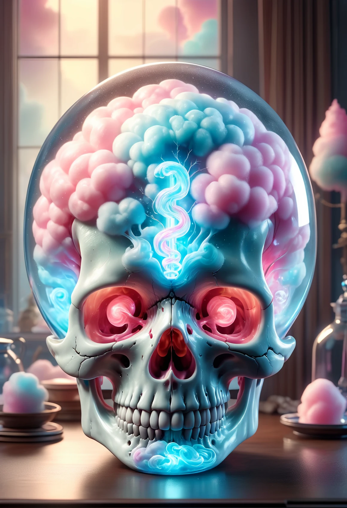 <lora:SDXLCottonCandy:1> cottoncandy brain inside of a transparent glass skull elegant, highly detailed, sharp focus, beautiful light, epic composition, cinematic, pristine, vibrant,