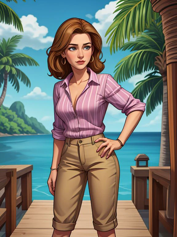 [ Brenda Strong|Elisabeth Shue], khaki pants, striped shirt, and boat shoes, A tropical environment with a party atmosphere and a lot of wealth 
 <lora:LCM_LoRA_Weights_SD15:1>