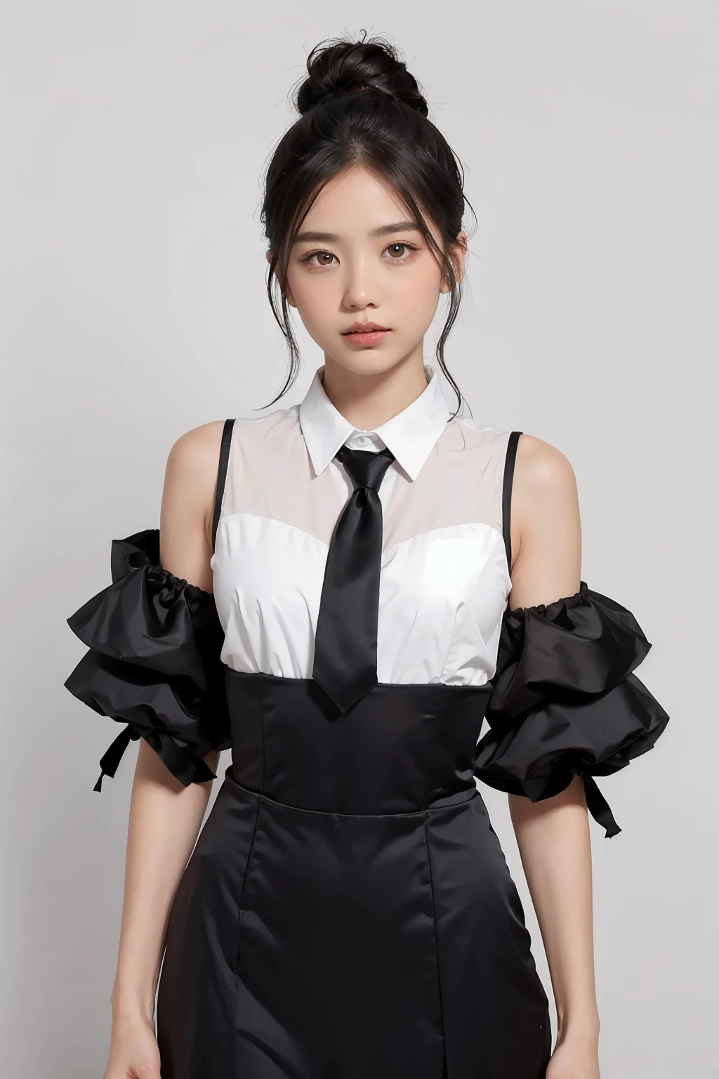 1girl, black  random formal attire, white background,    <lora:lilypichu-02:1>