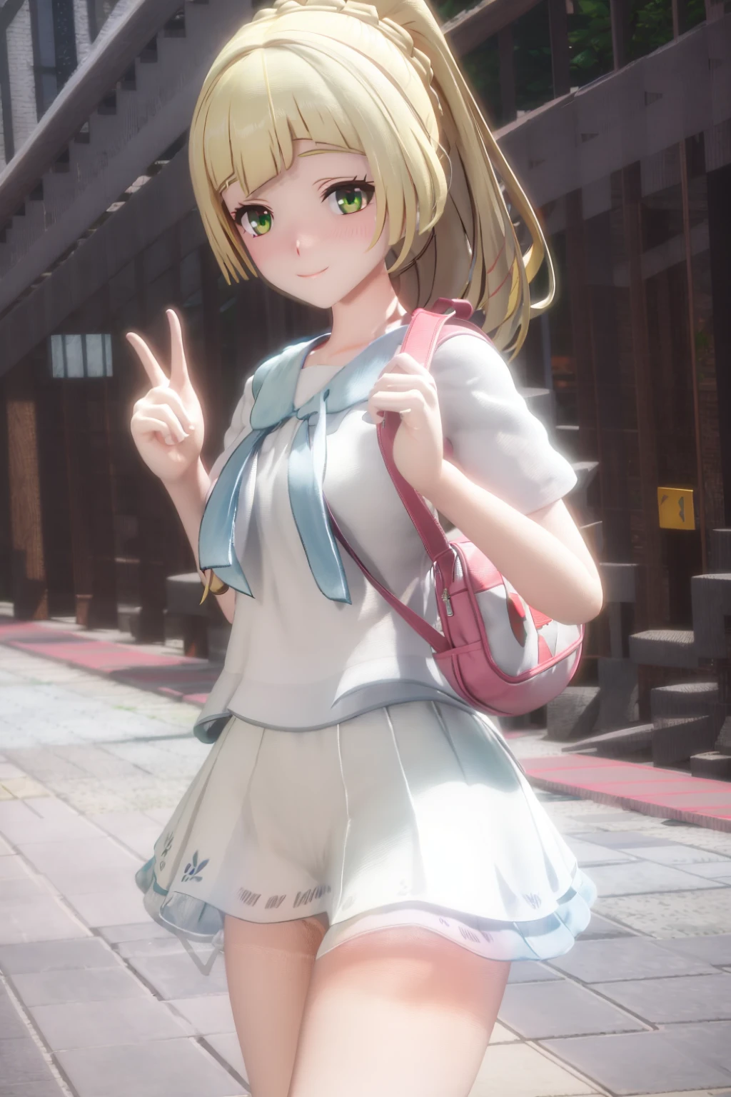 masterpiece, best quality, <lora:mmd:1>,<lora:lillie:1>,mmd,
lillie \(pokemon\), 1girl,blonde hair, braid,ponytail,blunt bangs,green eyes,short sleeves, white shirt,white skirt, pleated skirt, miniskirt,
backpack,bag,smile,cowboy shot,