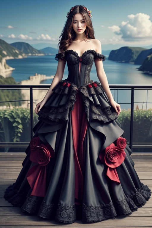 1 woman, 22yo, (realistic, masterpiece, high detailed skin:1.2) (looking at viewer, full body shot, scenic view, long hair:1.2)
<lora:Rose_Black_Gown_By_Stable_Yogi:0.8> black gown, frills, red roses