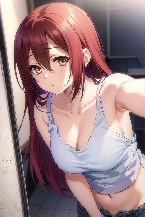 naeglerianebiros, <lora:naegleria nebiros s2-lora-nochekaiser:1>,
naegleria nebiros, long hair, (brown eyes:1.5), red hair,
BREAK navel, cleavage, shorts, midriff, short shorts, tank top, yellow tank top,
BREAK indoors,
BREAK looking at viewer, (cowboy shot:1.5),
BREAK <lyco:GoodHands-beta2:1>, (masterpiece:1.2), best quality, high resolution, unity 8k wallpaper, (illustration:0.8), (beautiful detailed eyes:1.6), extremely detailed face, perfect lighting, extremely detailed CG, (perfect hands, perfect anatomy),
