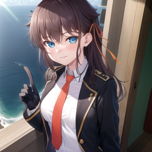 ((masterpiece)),(best quality),official art,extremely detailed CG,unity 8k wallpaper,ultra detailed,A lighthouse on a cliff by the sea,1girl,solo,upper body,(portrait:1.2),looking at viewer,Kashiwazaki Kana(Nebel Geisterjäger),smile,long hair,brown hair,hair ribbon,hair flaps,bangs,blush,medium breasts,black gloves,blue eyes,jacket,long sleeves,white shirt,collared shirt,orange necktie,open clothes,dress,thighhighs,high heel boots,<lora:Kashiwazaki Kana(Nebel Geisterjäger)>,