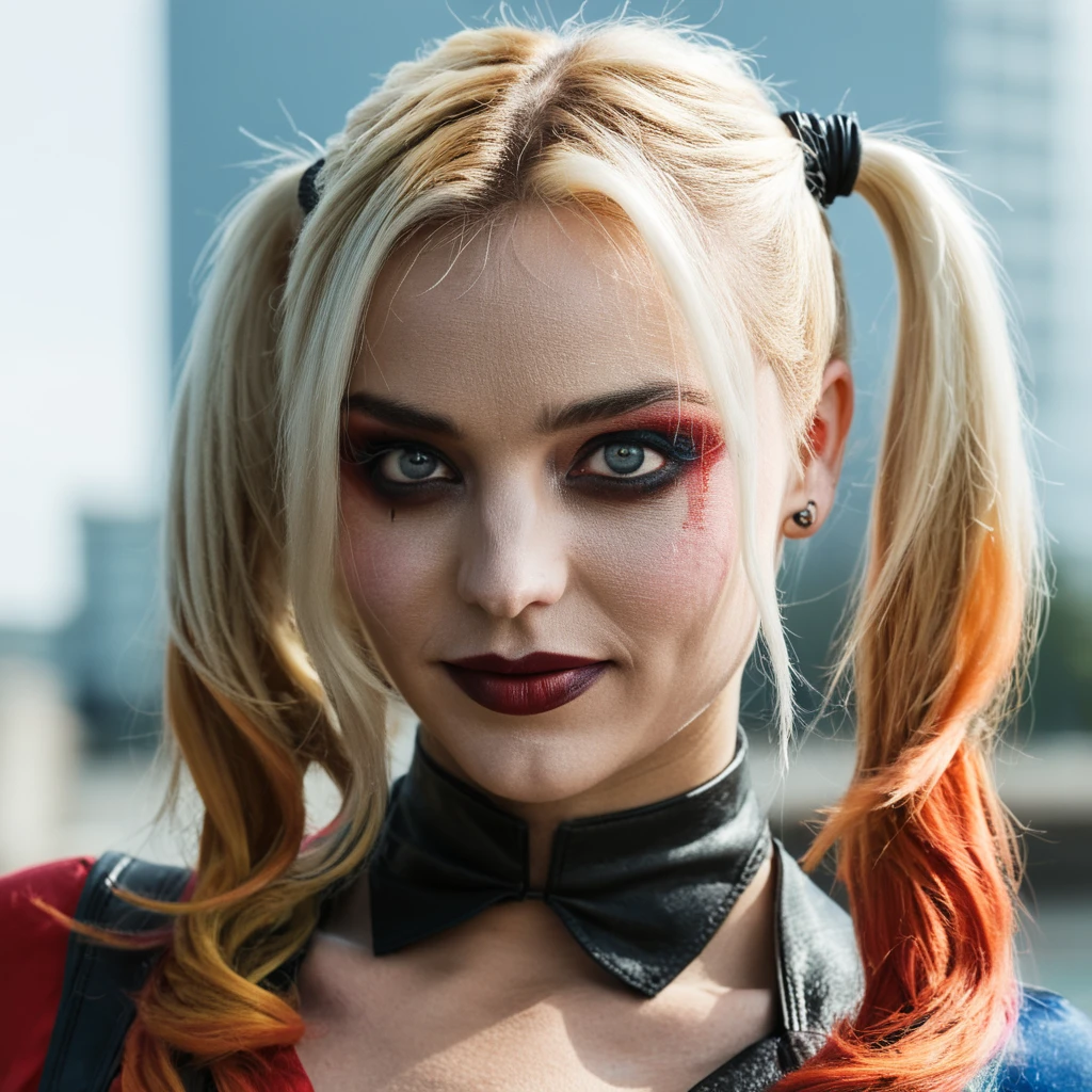 A portrait photo of emma mackey actress dressed as Harley Quinn, f /2.8, Canon, 85mm,cinematic, high quality, skin texture, looking at the camera