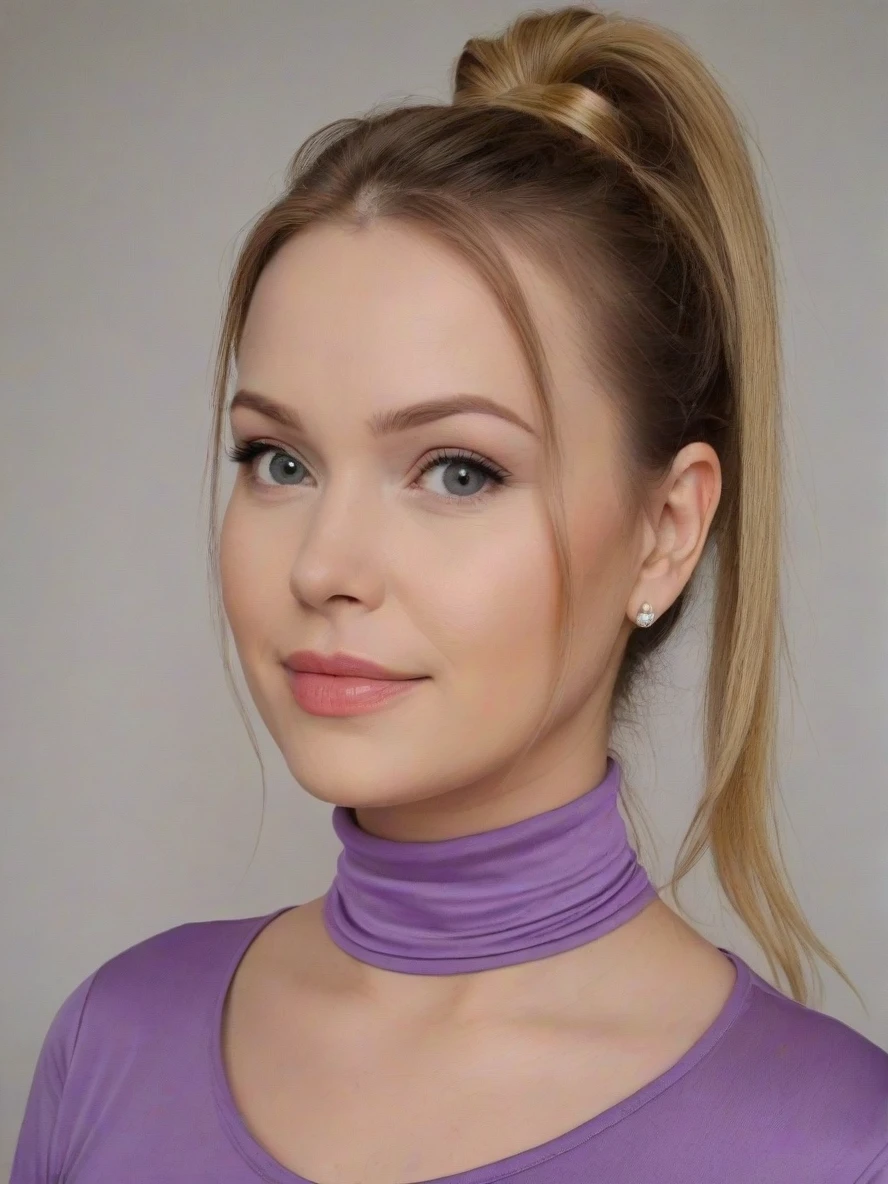 Portrait photo of dr3amsw33tg1rl, purple turtleneck blouse, white background, ponytail