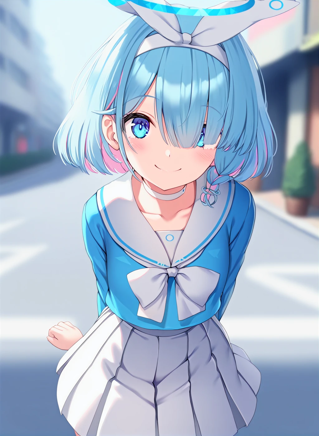 arona (blue archive), 1girl, solo, smile, blue eyes, hair over one eye, halo, blue hair, white skirt, skirt, braid, looking at viewer, school uniform, sailor collar, white sailor collar, arms behind back, shirt, bow, hairband, blue shirt, pleated skirt, serafuku, 
, single braid, closed mouth, white bow, bangs, multicolored hair, white hairband, choker, short hair, white choker, collarbone, ribbon, outdoors, street, 
<lora:Arona_SDXL_V2:1>