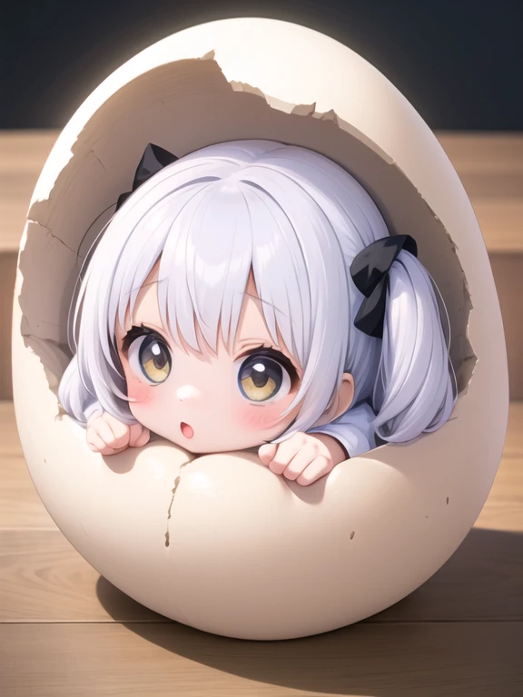 a little girl, 2 head body, chibi, giant cracked egg, head is sticking out of giant egg <lora:hatched egg-001_0.7:1>