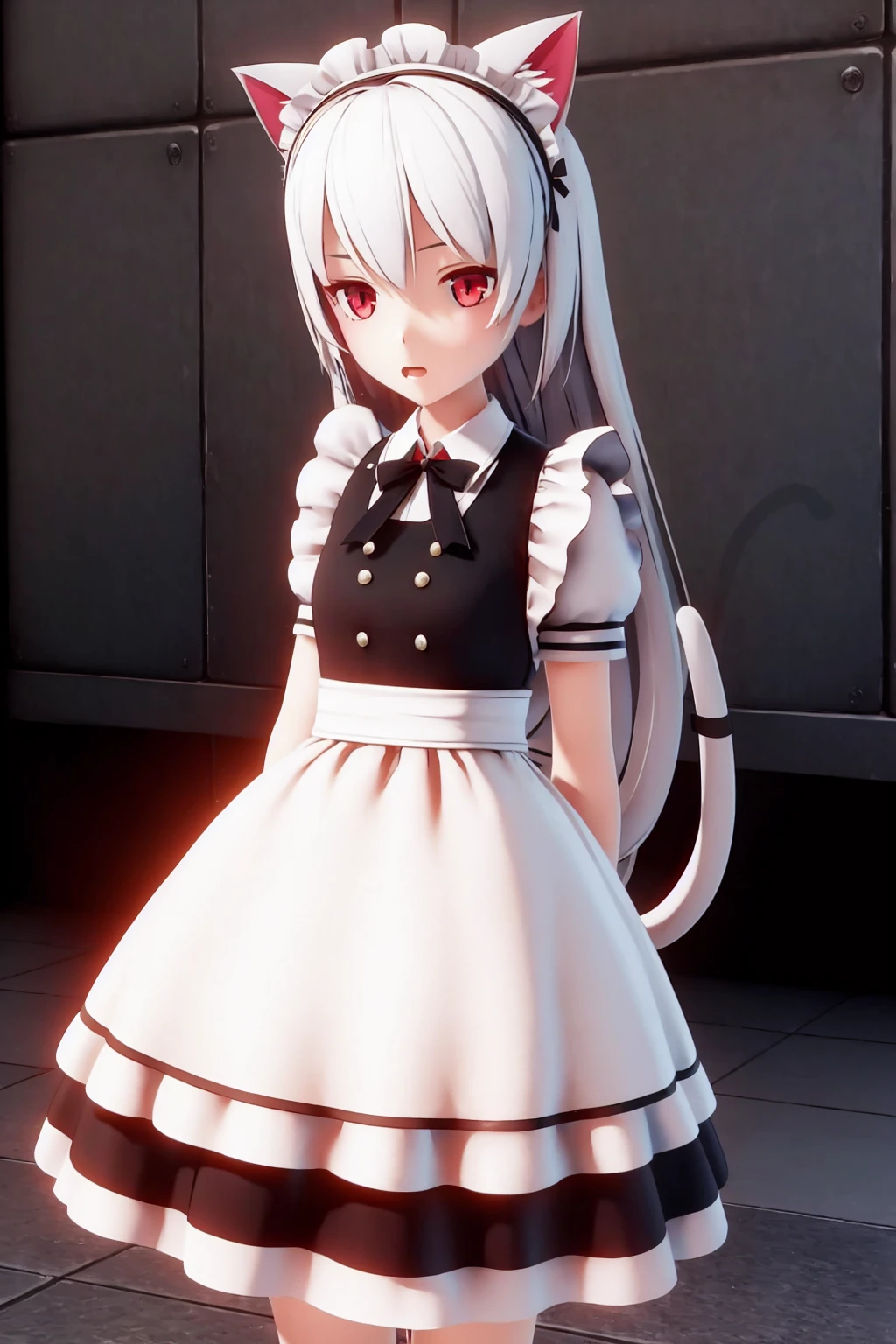masterpiece, best quality,  <lora:mmd:1>,mmd,1girl,solo,cat ears, white hair,long hair,red eyes,maid,maid headdress, maid apron, maid dress,cat tail, cowboy shot,