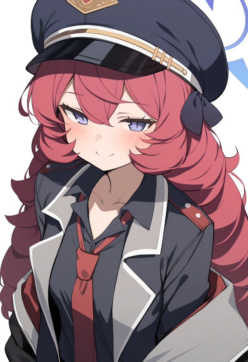 1girl, style:abmayo, iroha (blue archive), blue archive, black headwear, black shirt, blush, collared shirt, double-parted bangs, hair between eyes, halo, hat, jacket, long hair, looking at viewer, loose necktie, military hat, military jacket, necktie, o (pixiv 97998117), peaked cap, purple eyes, purple halo, red headwear, red necktie, shirt, simple background, smile, solo, upper body, white background, masterpiece, best quality, <lora:Style - abmayo - v1 - bionagato:1>