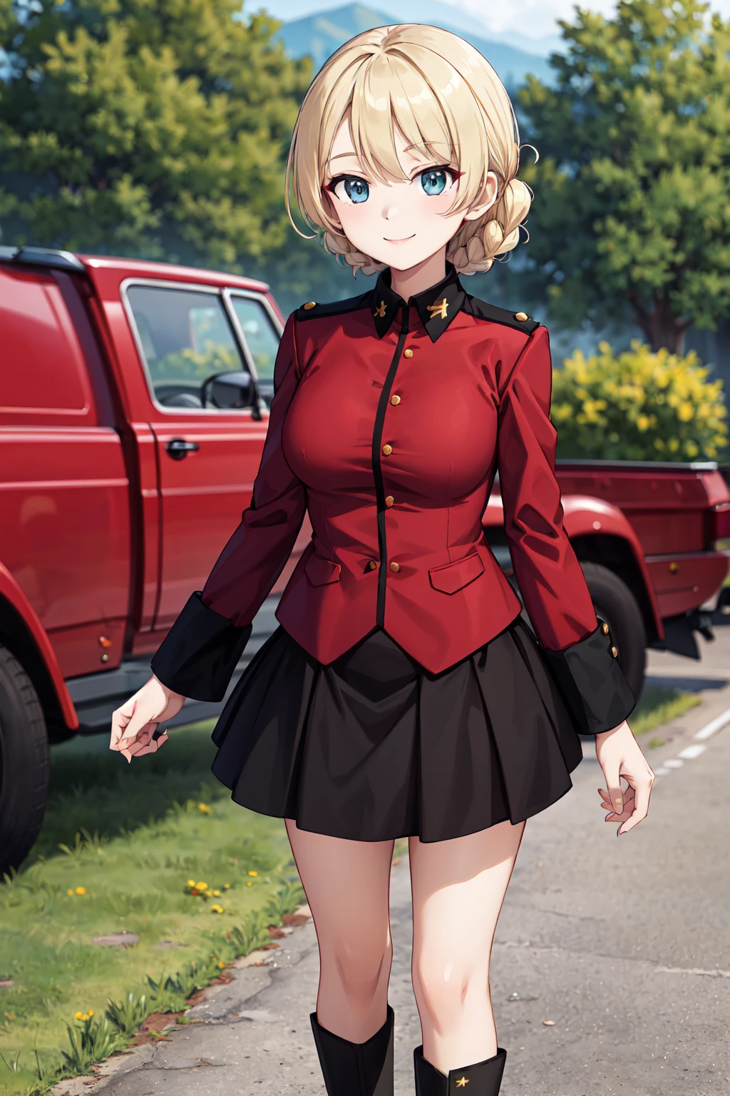 masterpiece,best quality,highres,ultra-detailed,bbdarjeeling,short hair,braid,bangs,st. gloriana's military uniform,epaulettes,(red jacket:1.2),long sleeves,black skirt,boots,black footwear,<lora:darjeeling:0.8>,outdoors,standing,cowboy shot,smile,