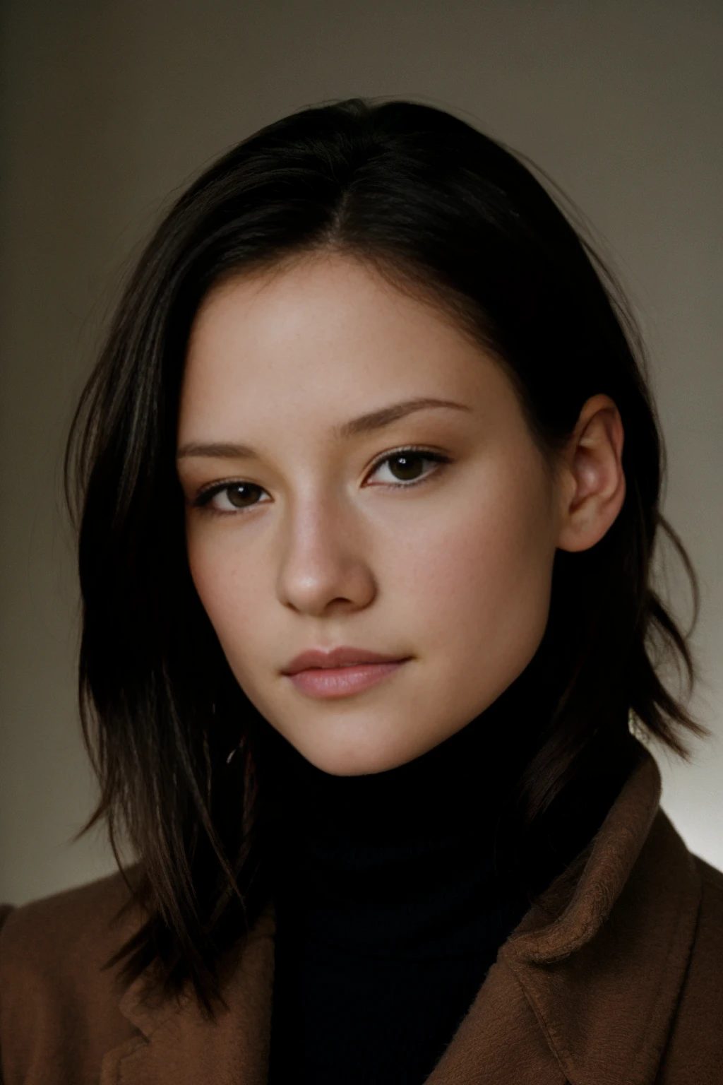 photo of (opt-chylerleigh2000s:0.99), a woman, RAW, close portrait photo, long brown coat, turtleneck, long haircut, slim body, (high detailed skin:1.2), 8k uhd, dslr, soft lighting, high quality, film grain, Fujifilm XT3 sharp focus, f 5.6 <lora:opt-chylerleigh2000s:1>