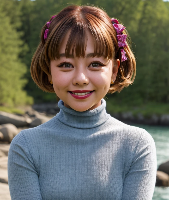 <r41st>, Ultra-HD-realistic-details, nature background, smile, close portrait photo, asiatic, Turtleneck, (upper body)