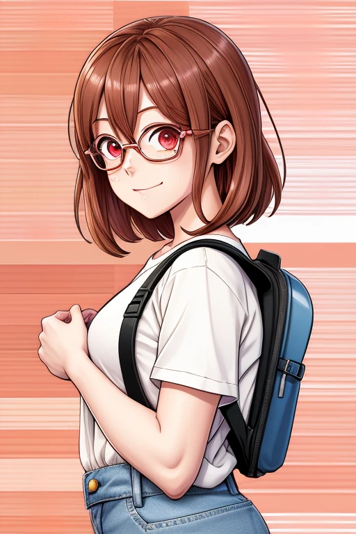 chiharu_red, wearing backpack, white shirt, blue jeans, sitting