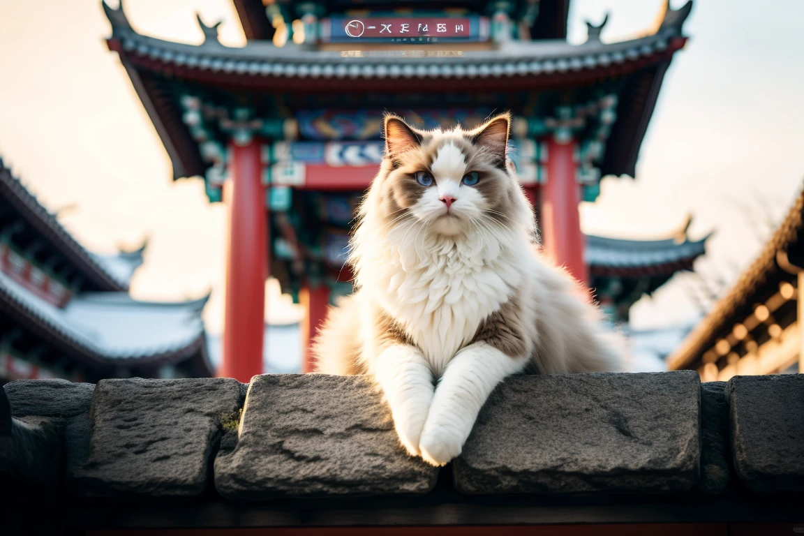 ragdoll,snow,traditional Asian architecture,pagoda,serene,winter,cultural,poised,animal portrait,soft focus-background,warm colors,bokeh effect,daylight,outdoor,tranquil,artistic,