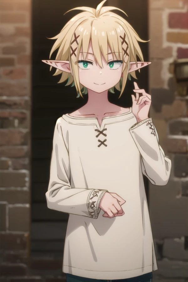 reviewerzel, <lora:reviewer zel male s1-lora-nochekaiser:1>,
zel, short hair, bangs, blonde hair, hair ornament, (green eyes:1.5), male focus, pointy ears, x hair ornament, elf, smile,
BREAK shirt, long sleeves, collarbone, white shirt, pants,
BREAK outdoors,
BREAK looking at viewer, (cowboy shot:1.5),
BREAK <lyco:GoodHands-beta2:1>, (masterpiece:1.2), best quality, high resolution, unity 8k wallpaper, (illustration:0.8), (beautiful detailed eyes:1.6), extremely detailed face, perfect lighting, extremely detailed CG, (perfect hands, perfect anatomy),