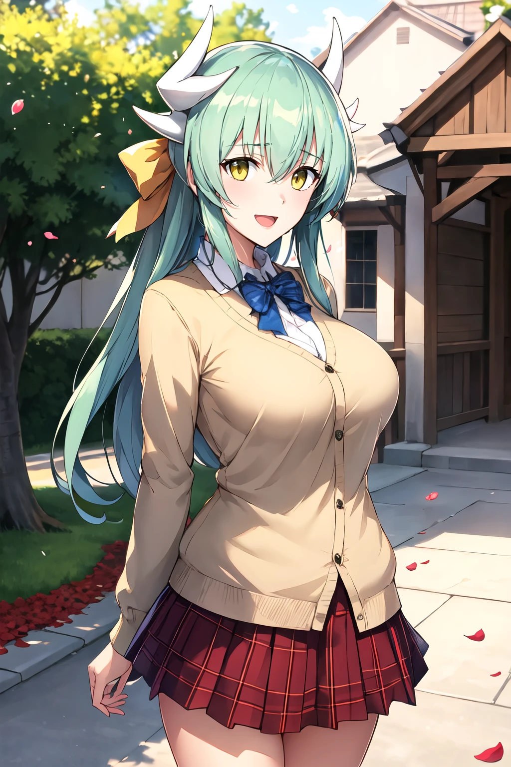 masterpiece, best quality, highres, aakiyo, long hair, aqua hair, white horns, hair bow, yellow bow, yellow eyes, <lora:kiyohime_(lancer)_v1:0.7>, cardigan, plaid skirt, arms behind back, smile, open mouth, petals, outdoors, big breasts <lora:Ore-Halcon-Style_1103000:1>