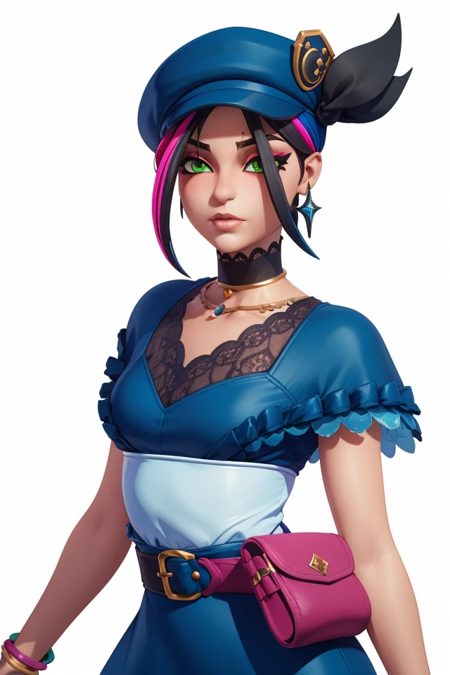 <lora:VRAMsHelsie:0.6> vramshelsie, 1girl, black hair, green eyes, multicolored hair, pink hair, earrings, blue hat, jewelry, ruffles, lacewear, choker, photoshoot, white background, simple background, belt