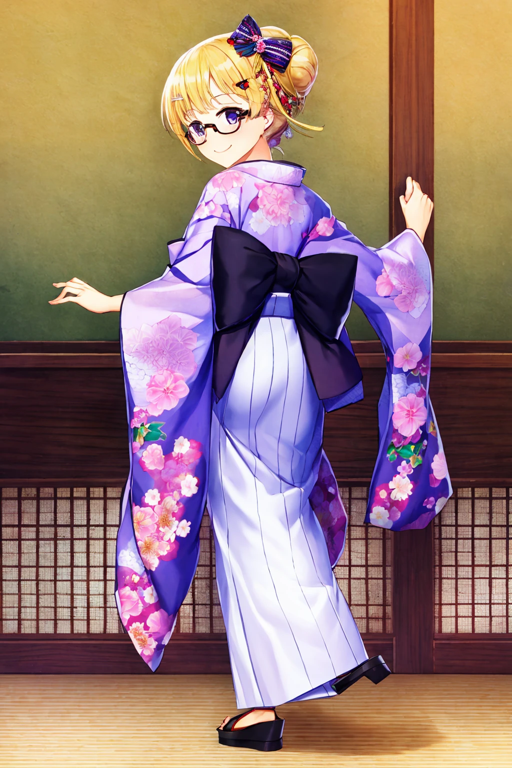 1girl, back bow, black-framed eyewear, black bow, blonde hair, bow, closed mouth, floral print, furisode, glasses, hair bun, hair ornament, hair tubes, japanese clothes, kimono, long sleeves, print kimono, purple kimono, rectangular eyewear, short hair, smile, solo, standing, striped bow, wide sleeves