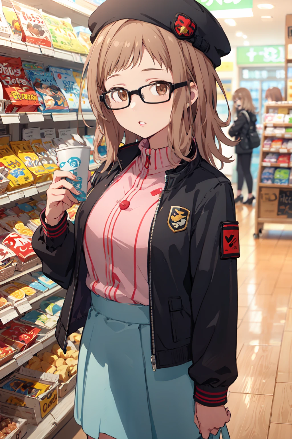 m_sakuragi, 1girl, right brown hair, brown eyes, virtual youtuber, medium hair, convenience store, skirt, looking at viewer, parted lips, bangs, jacket, standing, long sleeves, black jacket , glasses, hat, denim<lora:m_sakuragi:1>