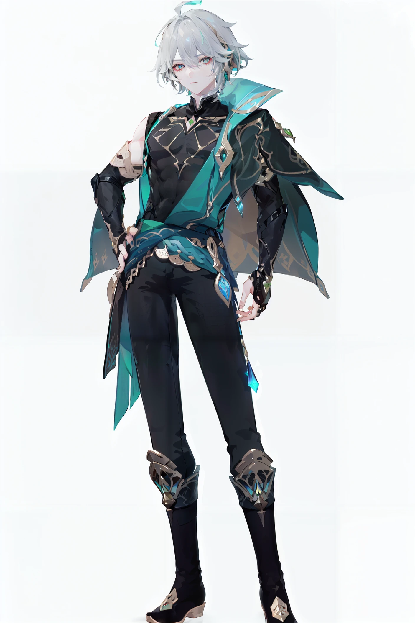 8k, best quality, masterpiece, (ultra-detailed:1.1), (high detailed skin),
(full body:1.3), white background, standing, looking at viewer, (solo:1.4), hand on hip,
<lora:aierhaisen-v100-000027:0.8>, 1boy, aierhaisen, male focus, grey hair, bangs, black footwear, green cape, boots, pants, partially fingerless gloves, ahoge, shirt, man,strong
(white background, simple background:1.6),
(beautiful_face), ((intricate_detail)), clear face,
((finely_detailed)), fine_fabric_emphasis,
((glossy)), full_shot,