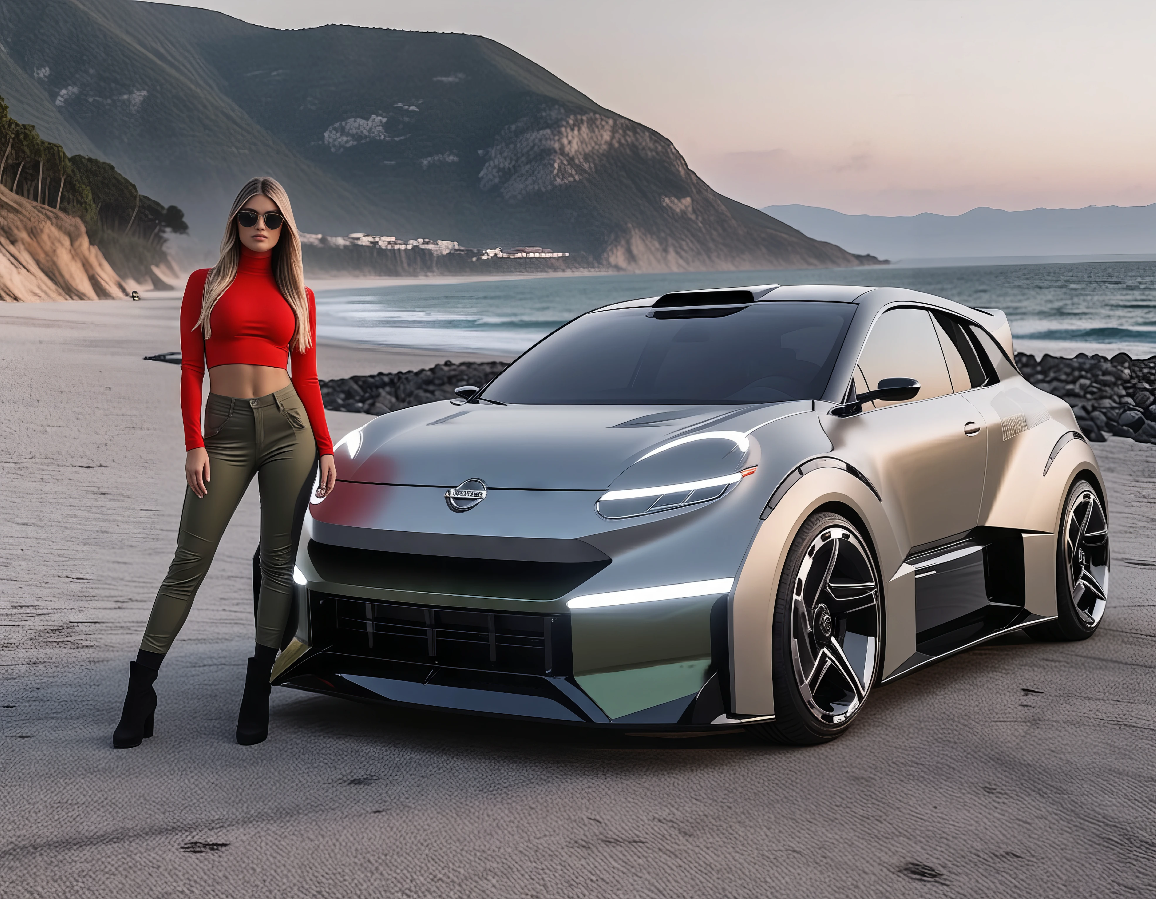 (Girl standing in front of a red car:1.1),sexi, mateur beautiful woman with long blonde  hair,
beach, young woman, blonde hair, olive green crop top, high-waisted cargo pants, khaki color, black sunglasses, sandy beach, paragliders, mountains, misty background
NISSAN 2023, A sleek silver concept car with a futuristic design, ultra-modern headlights at a beach