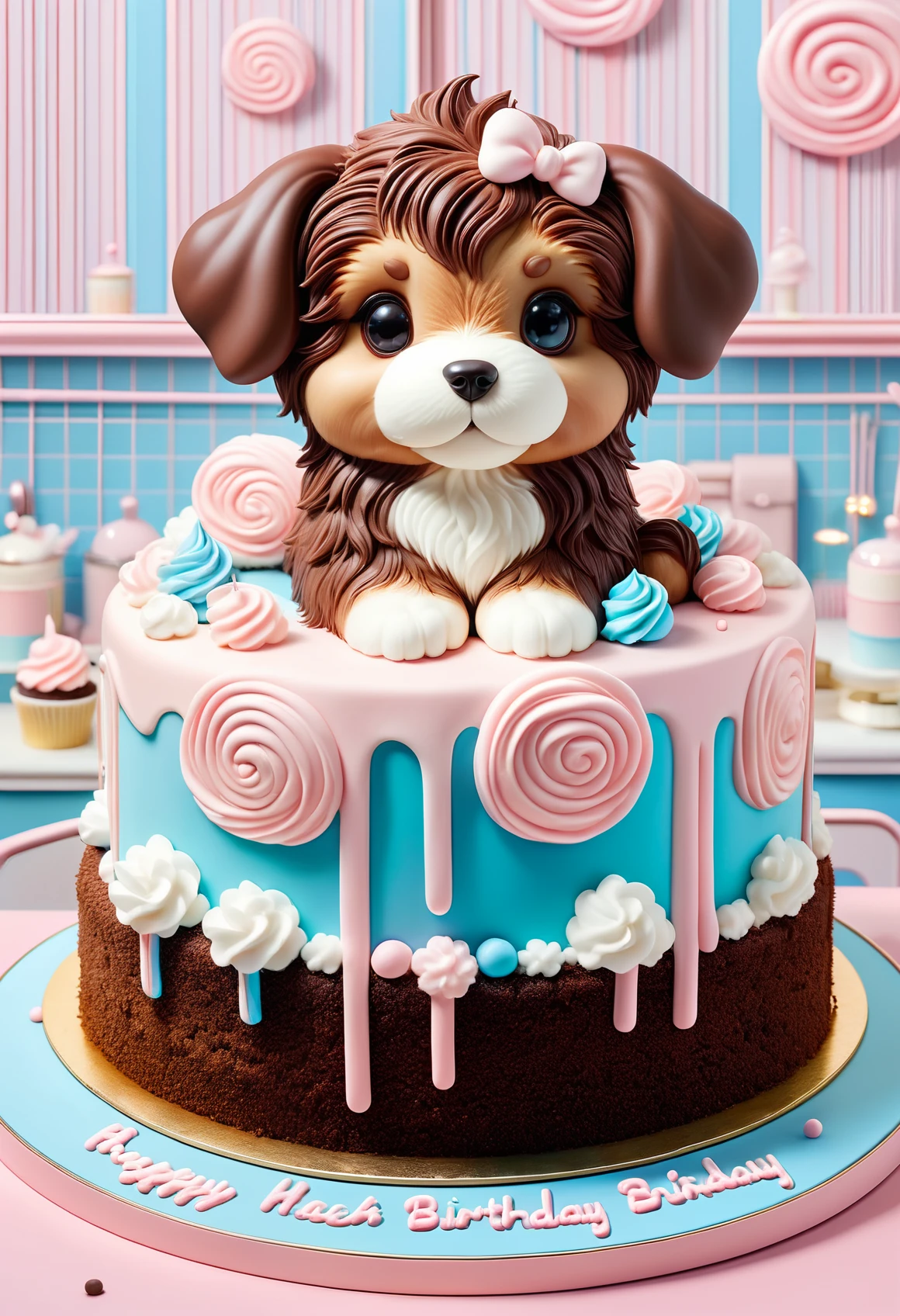 <lora:SDXLCottonCandy:1> cottoncandy a beautiful chocolate birthday cake shaped like a puppy, professional, high quality, super cute, kawaii, 8k, adorable,
