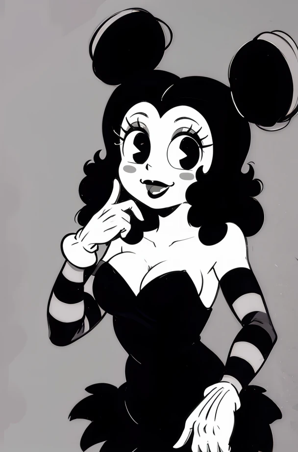 sally,double bun,black hair,medium hair,black eyes,blush stickers,
grey skin,smile,
black dress,cleavage,striped detached sleeves,small skirt,large breasts,white gloves,
(insanely detailed, masterpiece, best quality),solo,<lora:SallyMcboing:0.8>,
