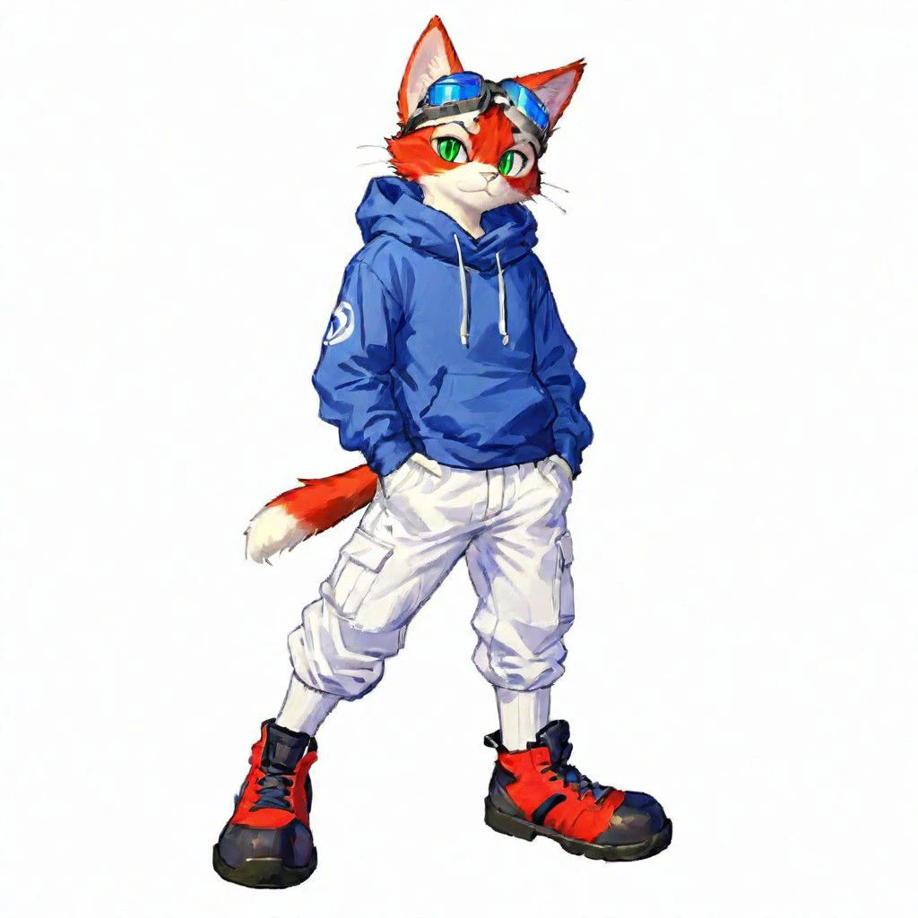 Blinx, solo, looking at viewer, simple background, gloves, 1boy, white background, green eyes, standing, tail, full body, shoes, pants, white gloves, hood, cat tail, hoodie, :3, cat, white footwear, slit pupils, goggles, furry, goggles on head, red pants, blue hoodie