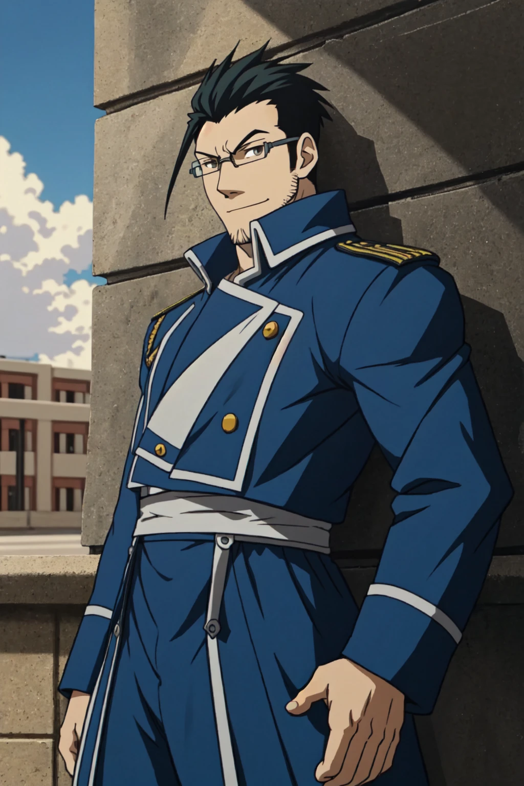 1boy,  solo,  Maes Hughes,  Fullmetal Alchemist,  anime,  2D,  tall,  lean,  black hair,  jovially spiky hair,  brown eyes,  rectangular spectacles framed,  29 years old,  mature,  blue military uniform,  manly,  masculine,  handsome,  charming,  alluring,  office,  (standing),  (upper body in frame),  perfect light,  perfect anatomy,  perfect proportions,  perfect perspective,  8k,  HQ,  (best quality:1.2,  masterpiece:1.2,  madly detailed),  perfect face,  front view,  portrait,  outdoor,  sky, best quality, perfecteyes,<lora:EMS-267819-EMS:0.700000>,<lora:EMS-498-EMS:0.100000>