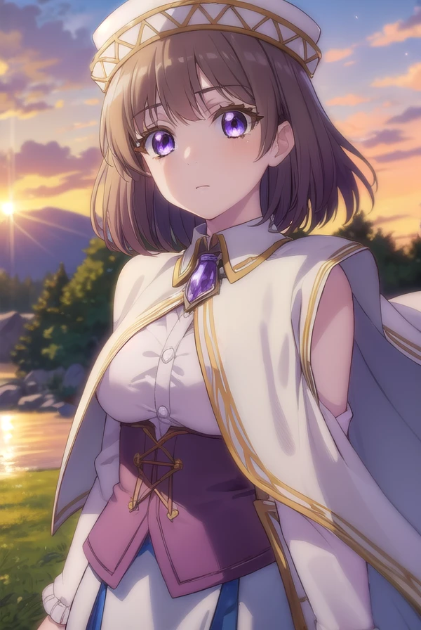aliciaedelsia, <lora:alicia edelsia s1-lora-nochekaiser:1>,
alicia edelsia, short hair, brown hair, (purple eyes:1.1),
BREAK skirt, long sleeves, hat, capelet, detached sleeves, corset,
BREAK outdoors, nature, forest, sky, sun, clouds,
BREAK looking at viewer, (cowboy shot:1.5),
BREAK <lyco:GoodHands-beta2:1>, (masterpiece:1.2), best quality, high resolution, unity 8k wallpaper, (illustration:0.8), (beautiful detailed eyes:1.6), extremely detailed face, perfect lighting, extremely detailed CG, (perfect hands, perfect anatomy),