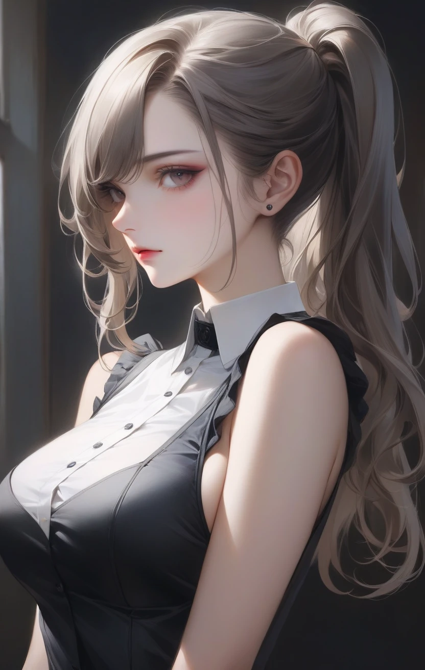 1girl, long hair, large breasts, makeup, eyeliner, eyeshadow, sideboob, breasts, shirt, portrait, sleeveless, (realistic:0.5), gothic, ponytail, swept bangs, asymmetrical bangs, best quality, masterpiece