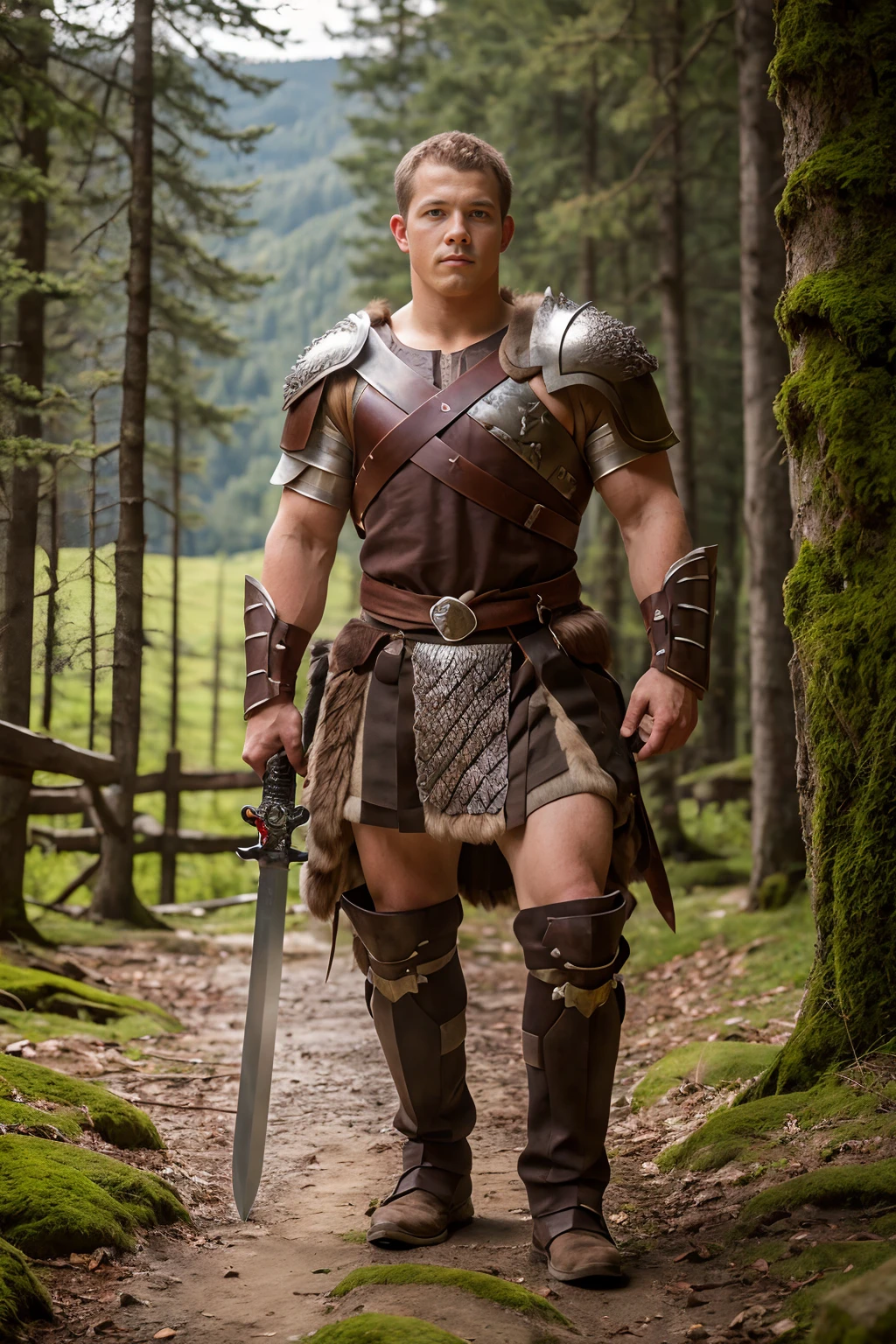 walking out of the Black Forest, holding a sword, hostile aggressive expression, FabianHambuechen is a barbarian, shoulder armor, (((full body portrait))), wide angle <lora:Barbarian_v1:0.8> <lora:FabianHambuechen:0.8>
