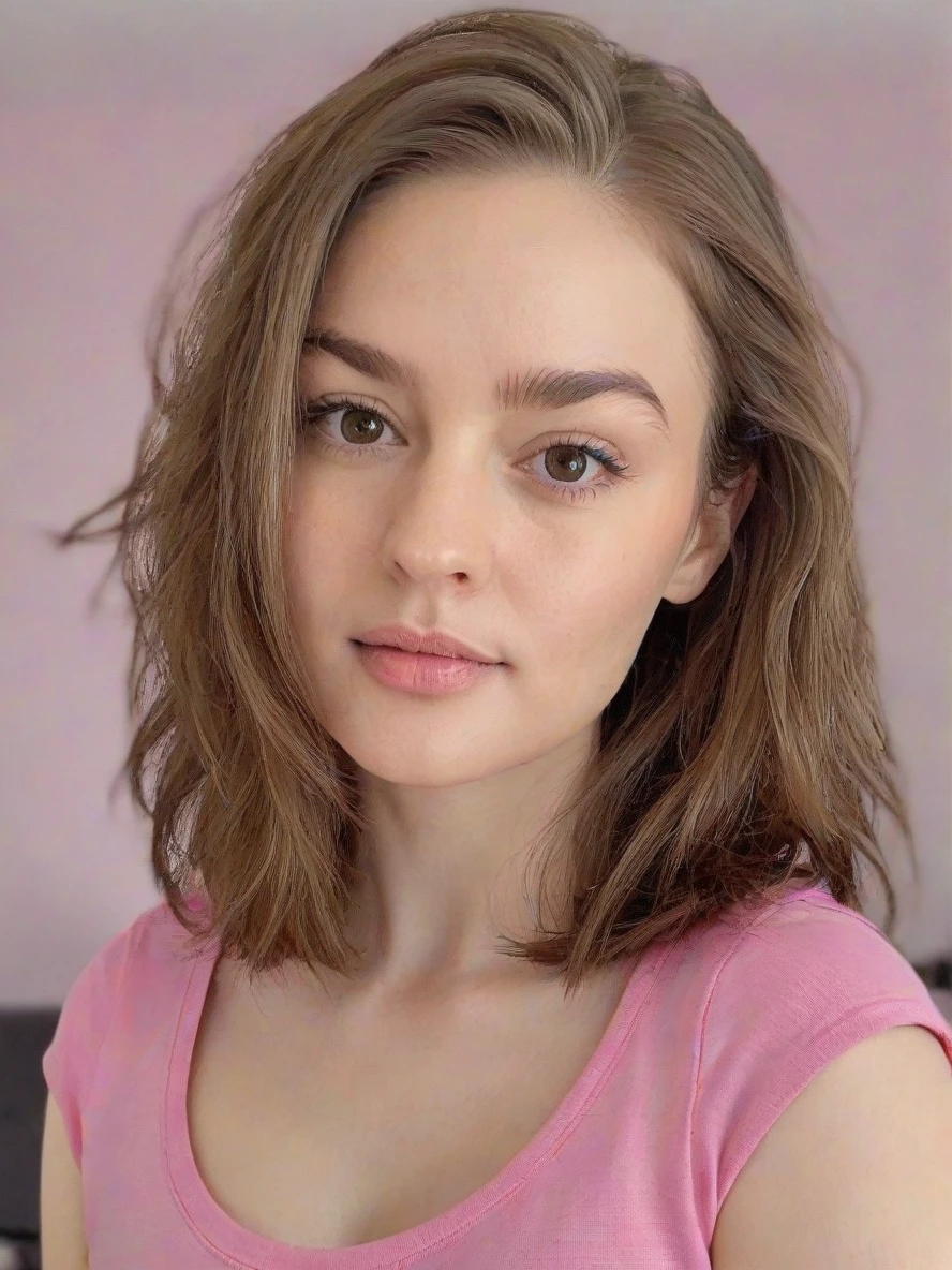 Portrait closeup photo of m4rym00dy woman, pink tshirt, in a bedroom