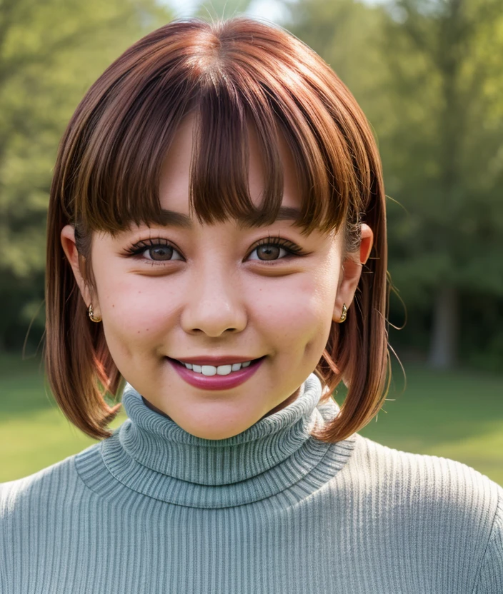 <r41st>, Ultra-HD-realistic-details, nature background, smile, close portrait photo, asiatic, Turtleneck, (upper body)