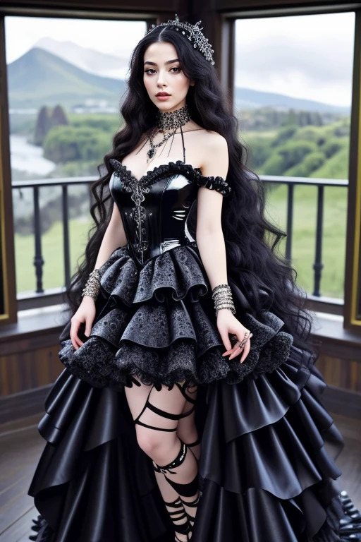 1 woman, 22yo, (realistic, masterpiece, high detailed skin:1.2) (looking at viewer, full body shot, scenic view, long hair:1.2)
<lora:Latex_Gothic_Gown_By_Stable_Yogi:0.8> latex goth gown, frills, jewellery, watch, bracelet