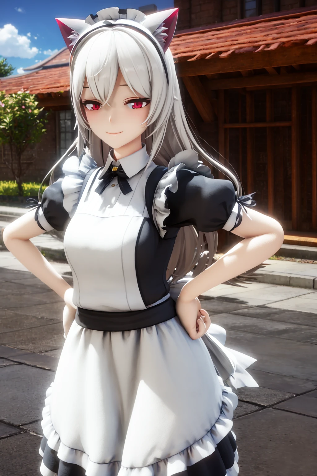 masterpiece, best quality, <lora:mmd:1>,mmd,outdoors,day,1girl,solo,cat ears, white hair,long hair,red eyes,maid,maid headdress, maid apron, maid dress,cat tail, cowboy shot, smile,hand on hip, closed eyes