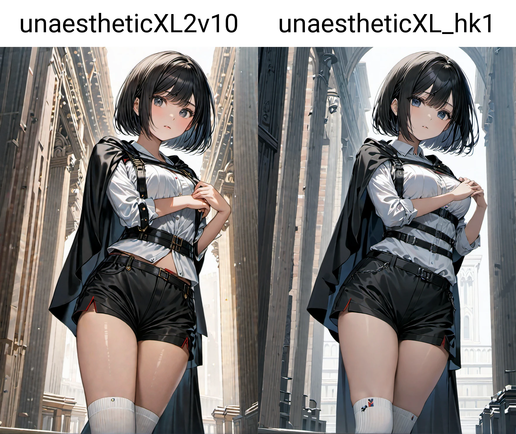 1girl,black short bob hair, black cloak de cour, black shorts, white long socks, white shirt, chest harness,, masterpiece, best quality