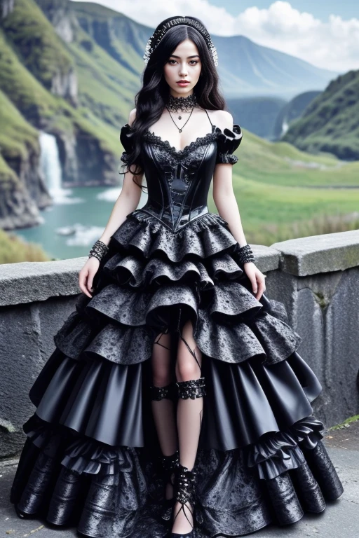 1 woman, 22yo, (realistic, masterpiece, high detailed skin:1.2) (looking at viewer, full body shot, scenic view, long hair:1.2)
<lora:Latex_Gothic_Gown_By_Stable_Yogi:0.8> latex goth gown, frills, jewellery, watch, bracelet