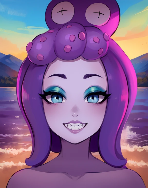 calamaria,eye shadow, purple skin,purple snake hair,, looking at viewer, chubby, , ,tentacle hair, , slutty, seductive, nsfw, large breasts, ocean, sky, (insanely detailed, beautiful detailed face, masterpiece, best quality), smile, sunset, closeup
