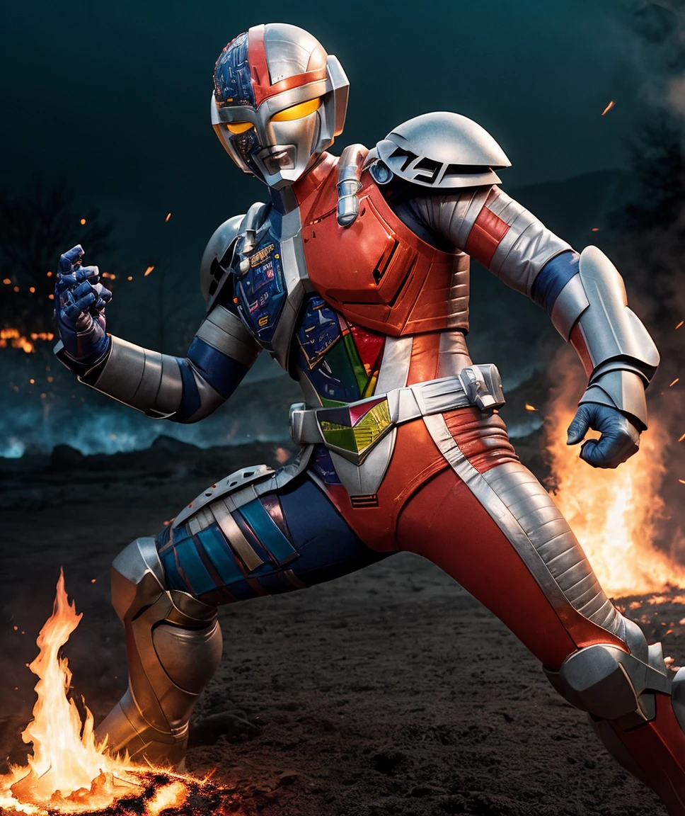 concept art , RAW photo, realistic , perfect lighting, high quality, film grain, <lora:quiron_ChoujinkiMetalder_v1_Lora:0.87> ChoujinkiMetalderQuiron, dynamic hero pose, Defensive stance, (fire and Explosion Background), Creepy Carnival, unsettling attractions, mysterious performers, sinister atmosphere, . digital artwork, illustrative, painterly, matte painting, highly detailed