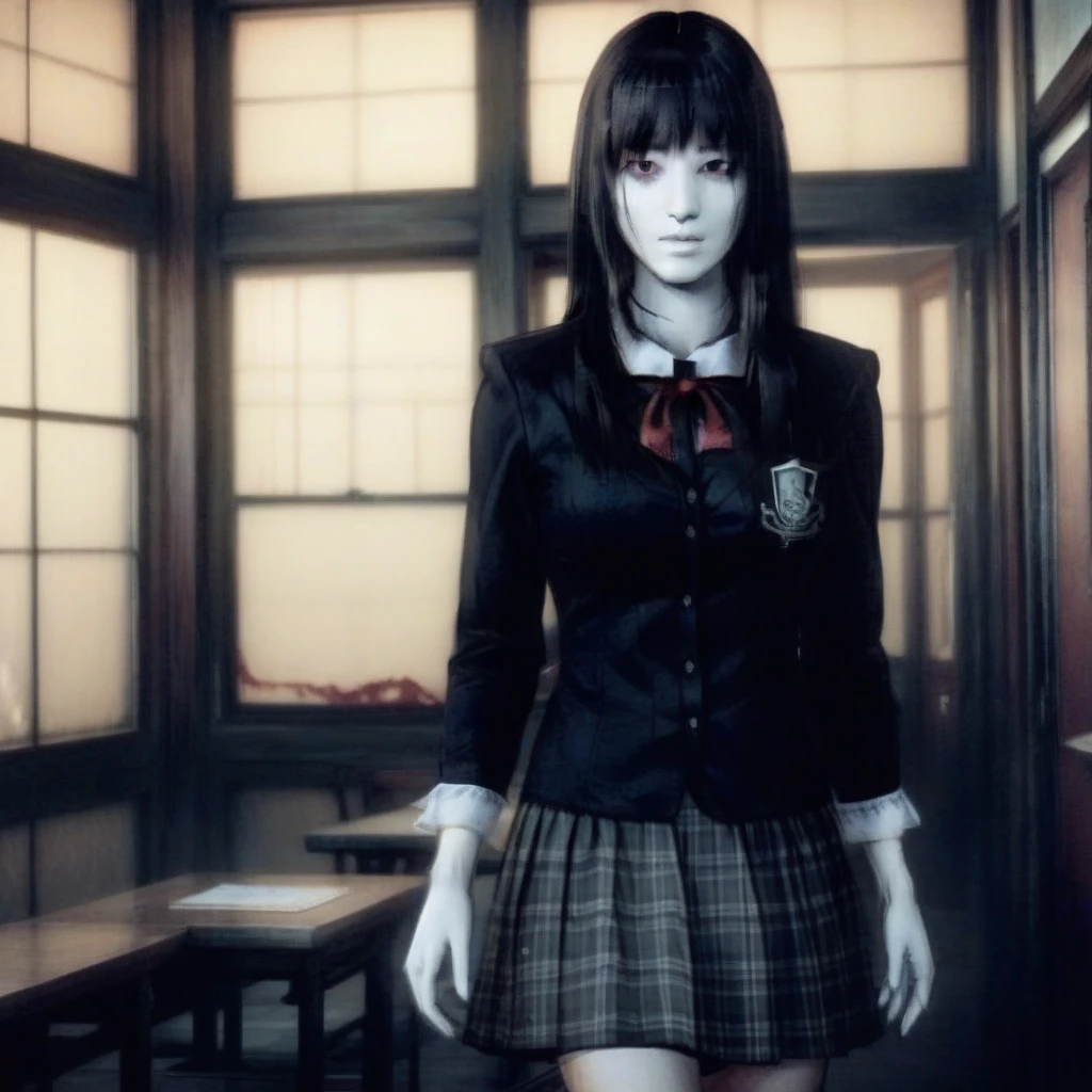 Ultra-realistic extremely detailed 8k photo of a 30-year-old mature elegant cute and gorgeously beautiful gogo woman wearing school uniform as a bloody ghost in haunted house, standing in the middle of the room, detailed perfect sexy body with medium breasts>, breathtakingly amazing artwork, beautiful composition, gorgeous and haunting lighting ((adult)), front view, full shot, adult woman, visual novel sprite <lora:fatal style:0.8> fatal style, night, horror, scary, creepy <lora:gogo woman:0.875>