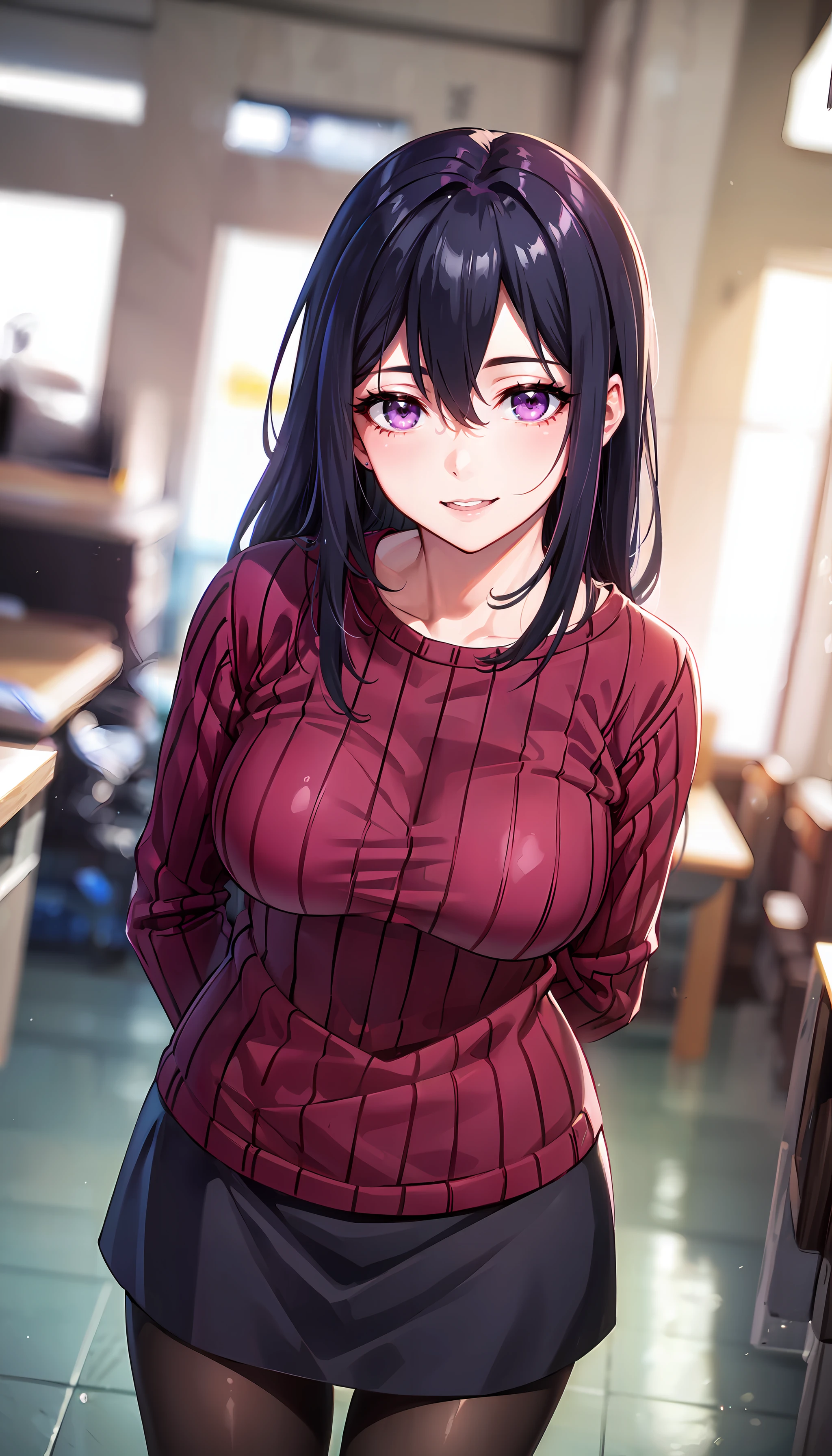 photorealistic, (4k), depth of field, (Masterpiece), (realistic skin texture), extremely detailed, intricate, hyper detailed, professional photography, bokeh, high resolution, sharp detail, best quality, woman, long hair, black hair, purple sweater, purple eyes, black skirt, hair between eyes, pantyhose, <lora:Saori Ootori-000004:0.7> , <lora:GoodHands-beta2:0.8> , <lora:detail_slider_v4:0.8> , horns pose,