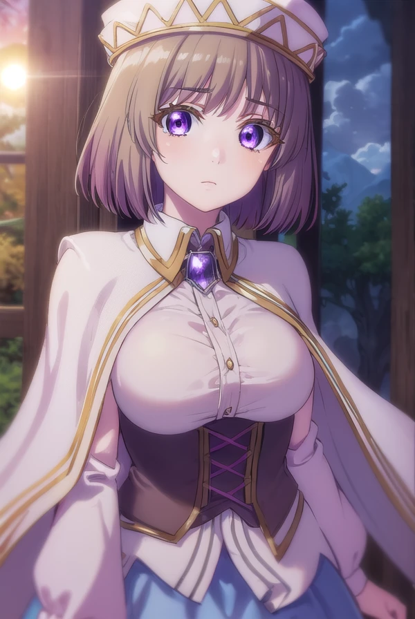aliciaedelsia, <lora:alicia edelsia s1-lora-nochekaiser:1>,
alicia edelsia, short hair, brown hair, (purple eyes:1.1),
BREAK skirt, long sleeves, hat, capelet, detached sleeves, corset,
BREAK outdoors, nature, forest, sky, sun, clouds,
BREAK looking at viewer, (cowboy shot:1.5),
BREAK <lyco:GoodHands-beta2:1>, (masterpiece:1.2), best quality, high resolution, unity 8k wallpaper, (illustration:0.8), (beautiful detailed eyes:1.6), extremely detailed face, perfect lighting, extremely detailed CG, (perfect hands, perfect anatomy),