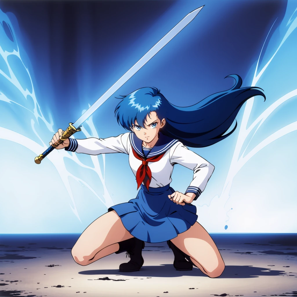 <lora:YuukoAsou004:0.6>,
YuukoAsou,
blue hair,long hair,blue eyes,
white shirt,long_sleeves,blue sailor collar,
red neckerchief,
blue long skirt,
full body,standing,holding a sword,(fighting_stance:1.2),sprint,city,energy sword,(one knee:1.1),