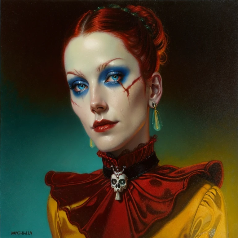((Michael Hussar)), lowbrow, oilpainting, 1girl, burnt sienna, jewelry, earrings, glowing eyes, blue eyes, scar, lace collar, skull broach, green and red color palette, black background,